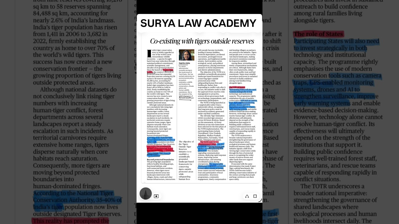 CLAT 2027/2028 Current Affairs: Tigers Outside Tiger Reserves #suryalawacademy