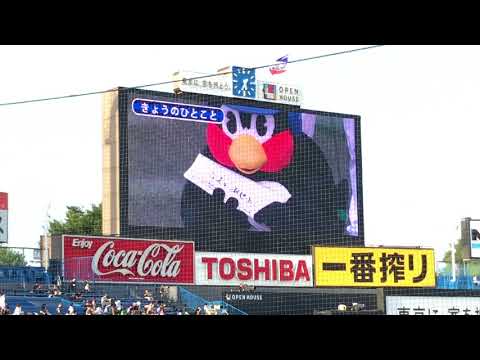 2018年6月7日つば九郎が時事ネタでハリーホークとハニーズをいじるがややウケな神宮球場ｗ