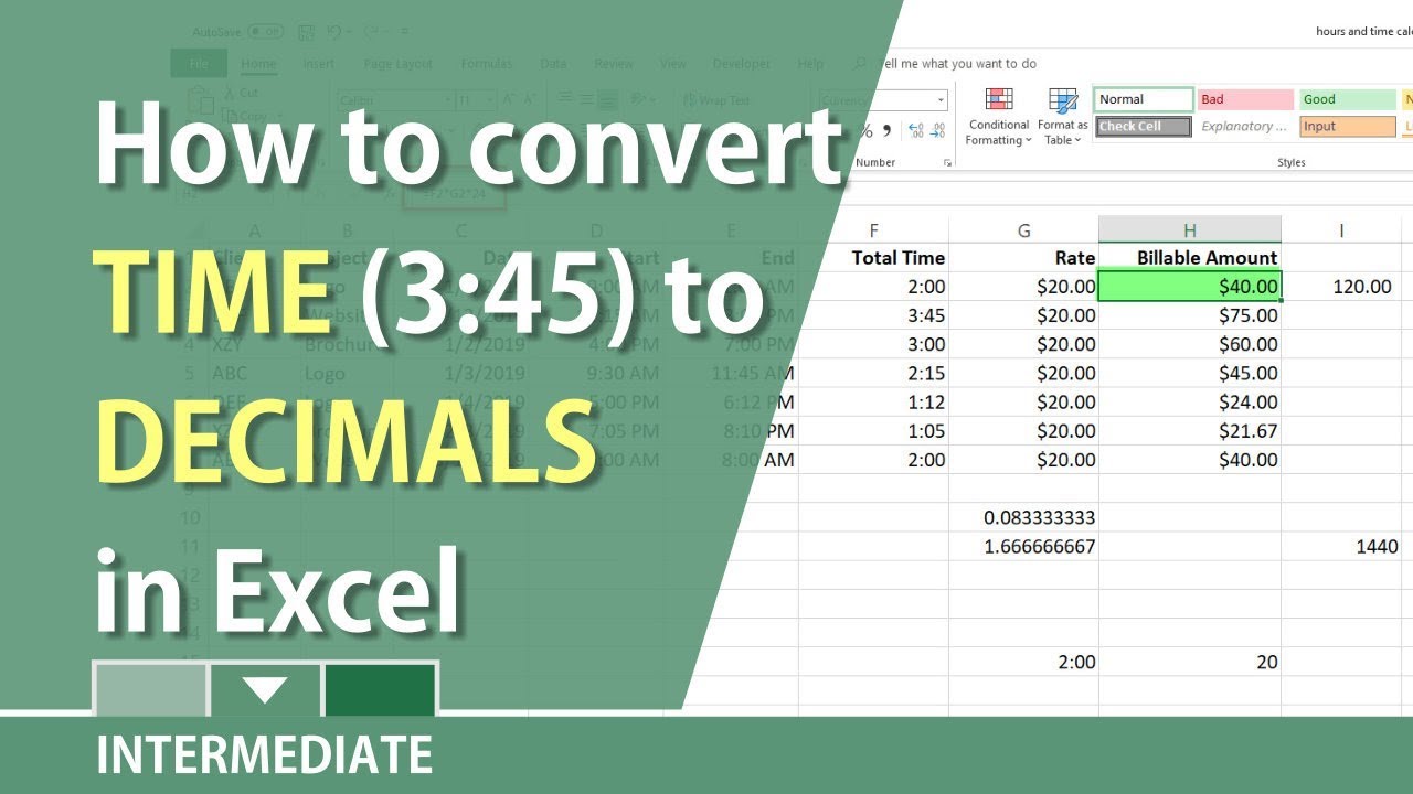 Convert Hours & Minutes in Excel to decimals for billable