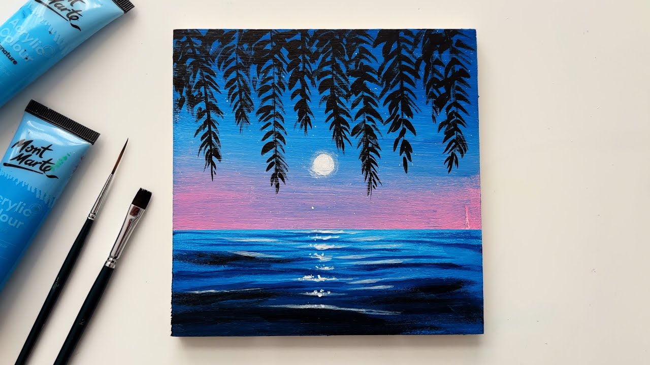 Easy Moonlight Seascape Acrylic Painting Tutorial / Easy Painting Idea, image size:1280x720