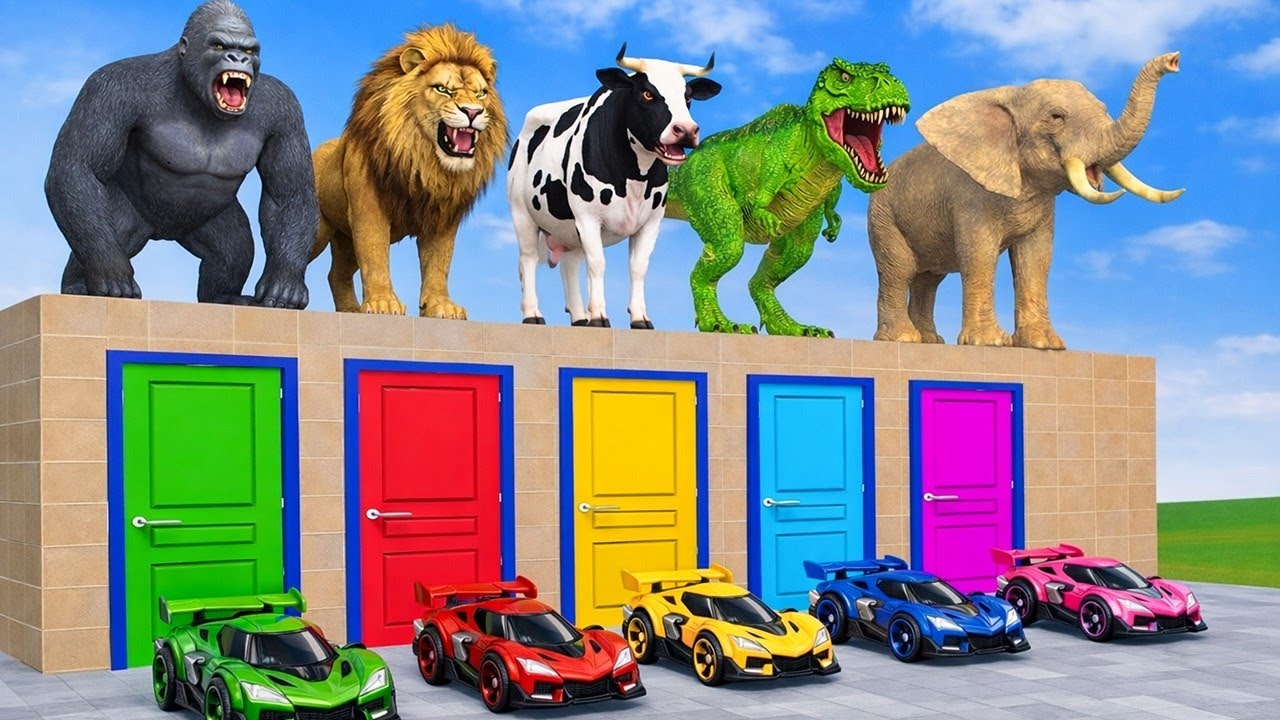 Paint & Animals Cow,Gorilla,Elephant,Giraffe,Tiger,Lion, Fountain Crossing Transformation Cartoon