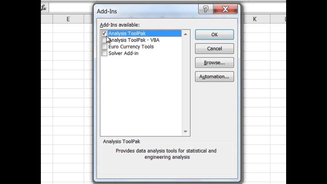 excel data analysis toolpak install