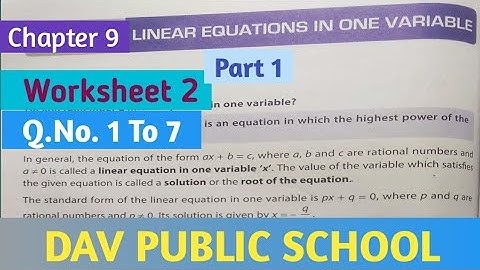Dav Class 8 Maths Chapter 9 Worksheet 2  ( Q.No.1 To 7 ) || Linear Equations In One Variable ||