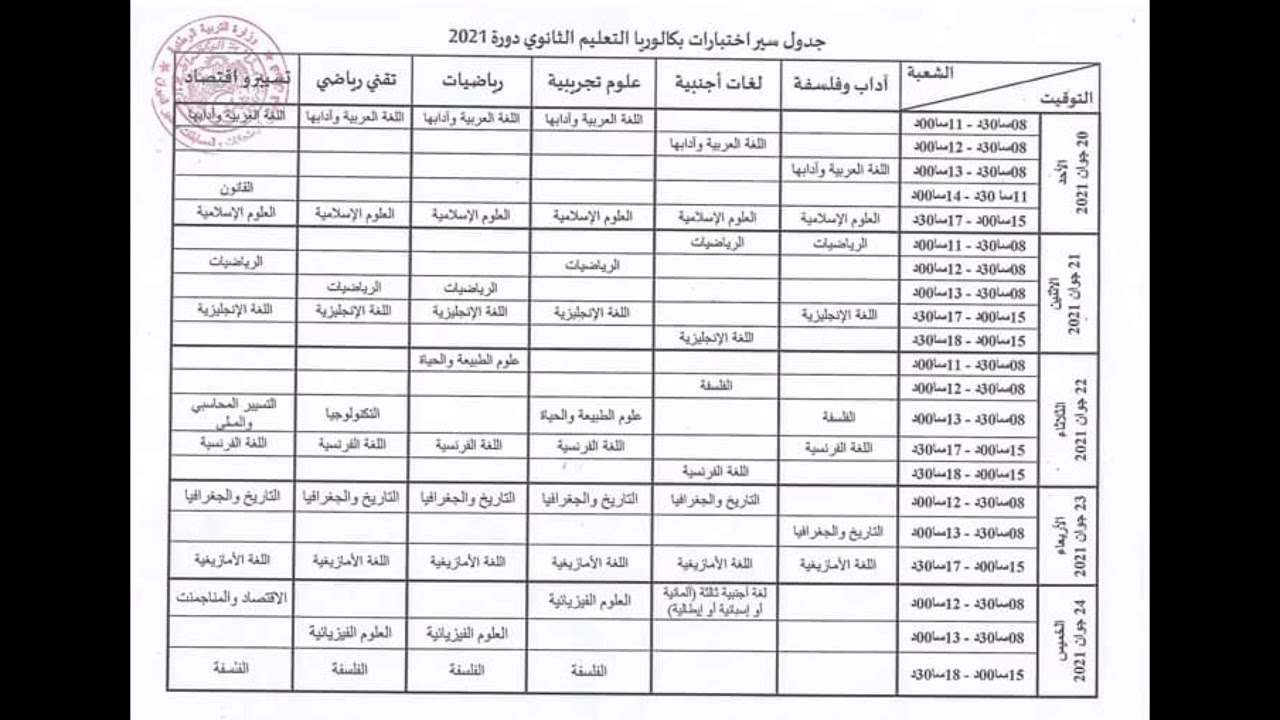 جدول سير اختبارات الباكالوريا لكل الشعب #باك2021 /محمد أبو شاكر لعبودي