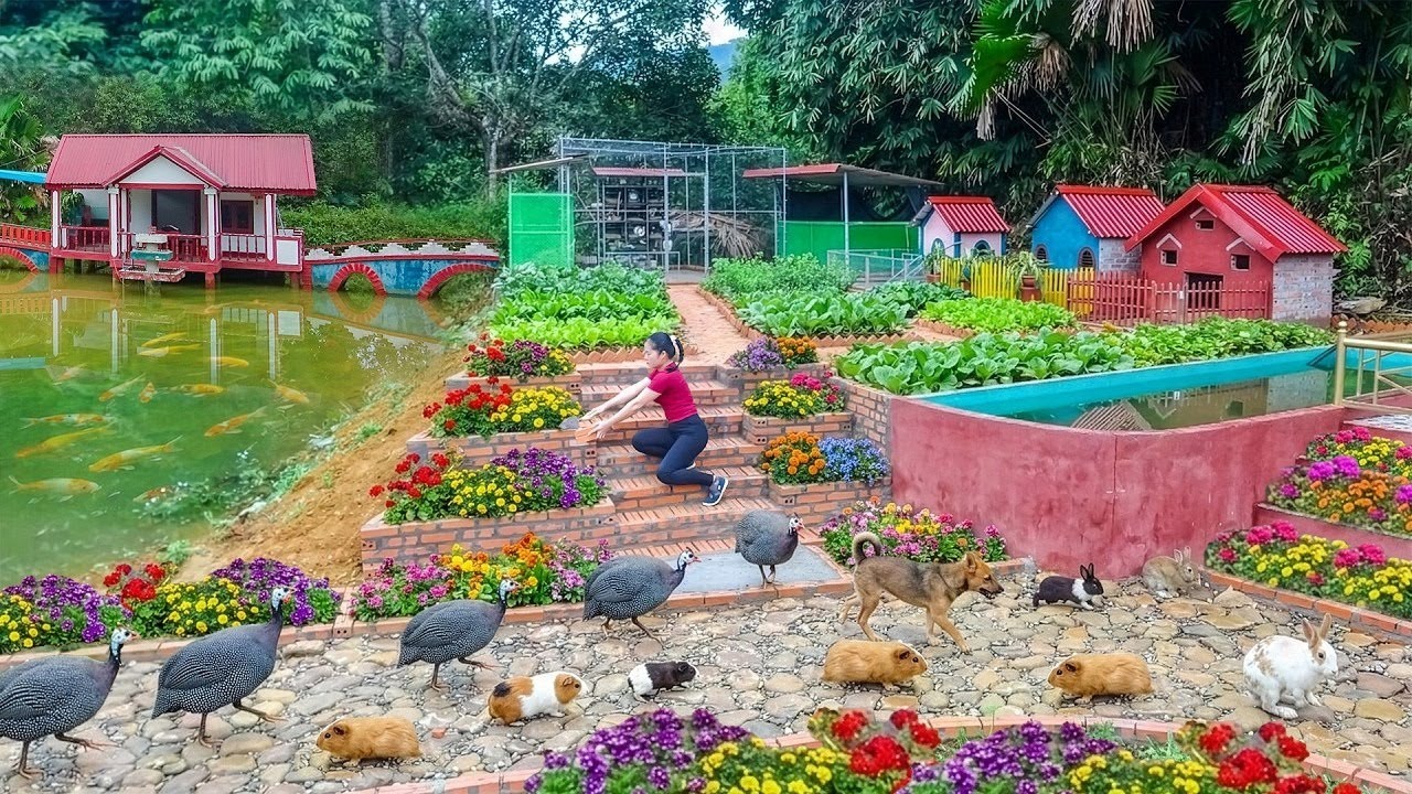 用愛心砌的樓梯臺階，讓養殖基地變成小清澗！周邊種上鮮花，美景盡收眼底！ #农村生活 #乡村建造 #农家美食 #农场日常 #乡村致富