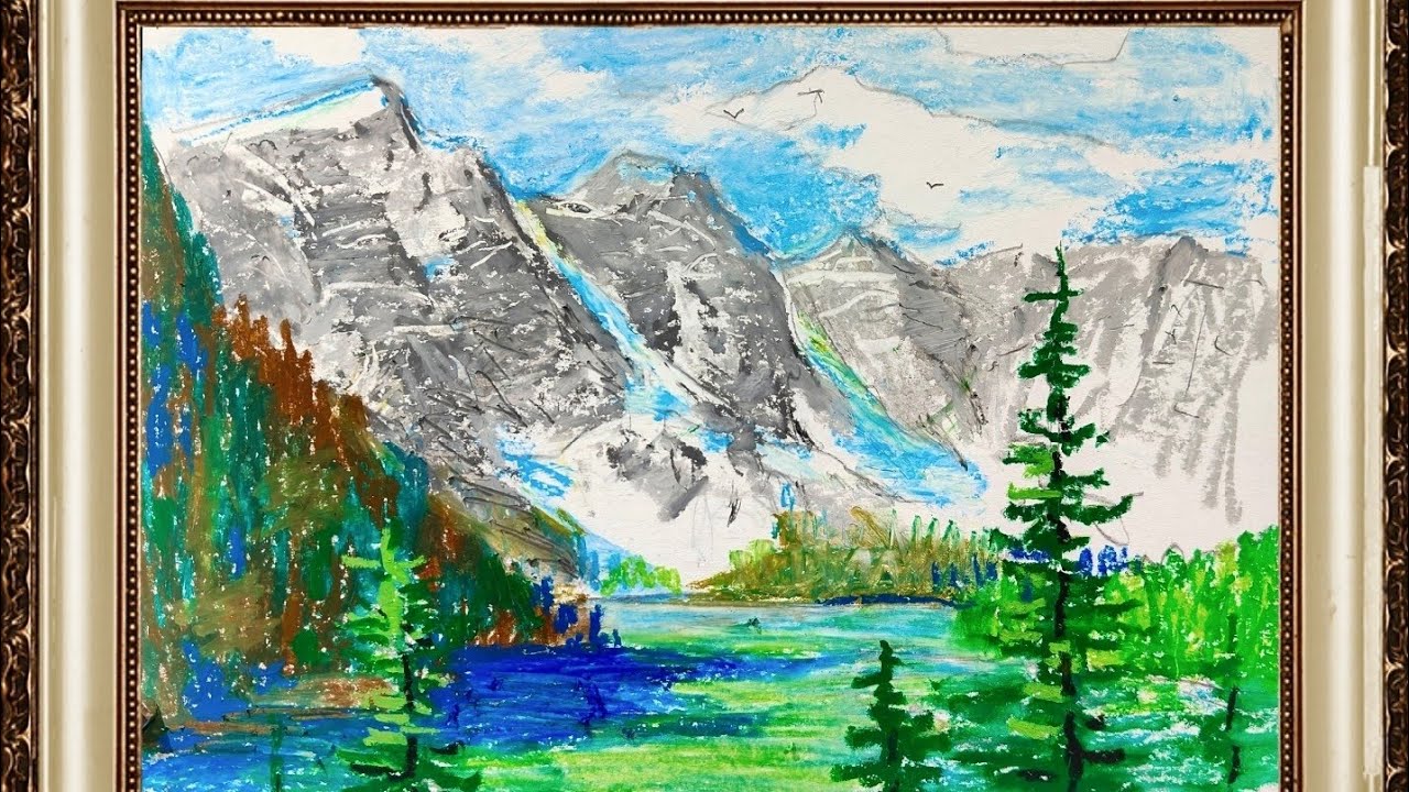 土人教画》728 油画棒班芙梦莲湖terrain art class Oil pastel, Banff