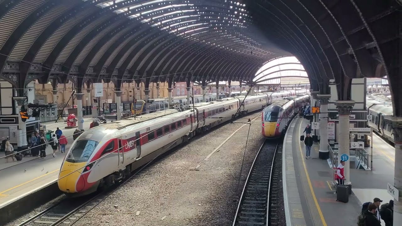 LNER Azuma Class 801 leaves York (overhead!)