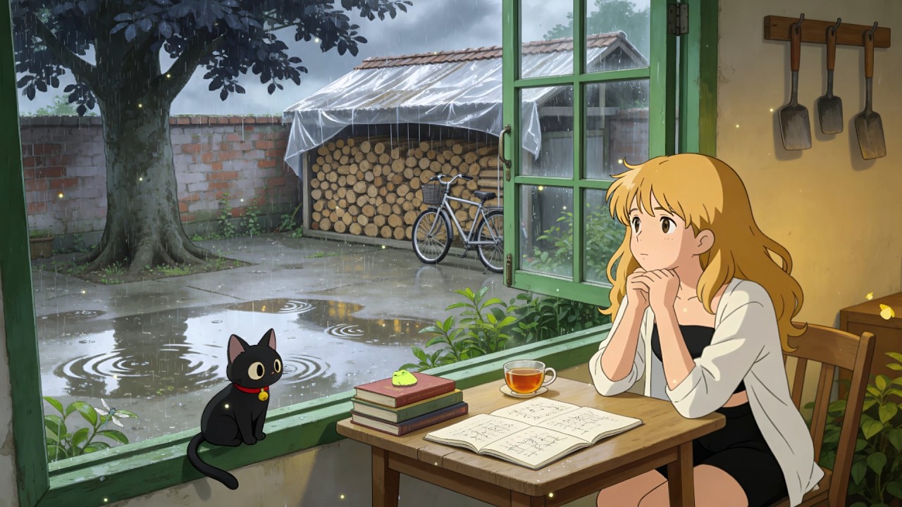 Rainy Day at the Cottage Yiri's & Kitty's ☔ Rainy Ambience Lofi Jazz📖Relaxing Music to Stress Relief