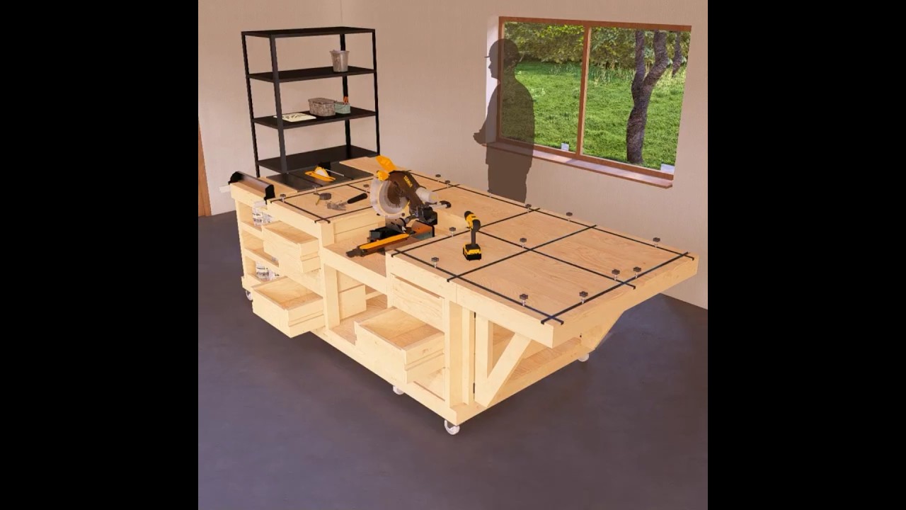 4x8 ft DIY Foldable Garage Workbench Plans – Space-Saving Design with T-Track Slots 