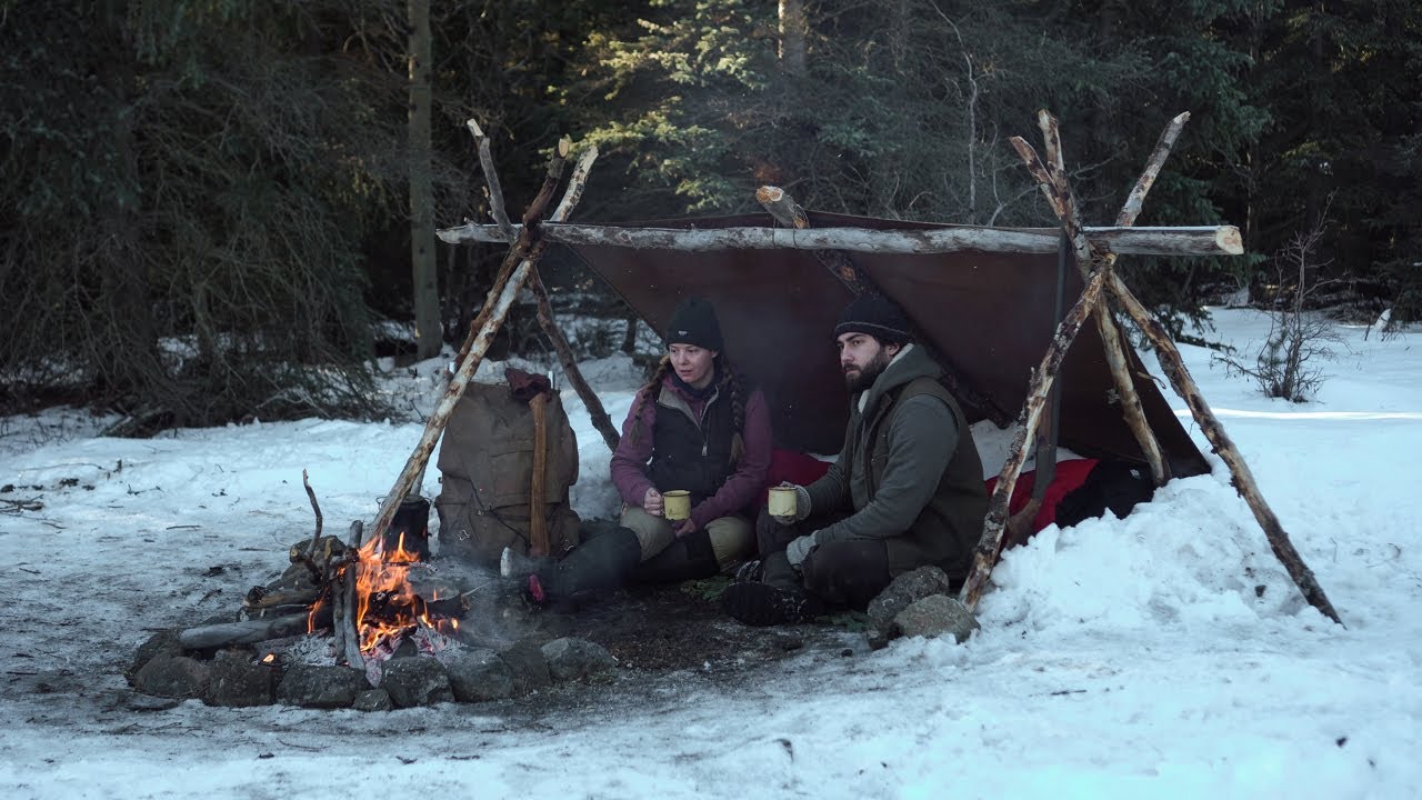 Winter Camping - Bushcraft Shelter Build with my Girlfriend - Lean-to  Shelter, Campfire Steaks, etc 