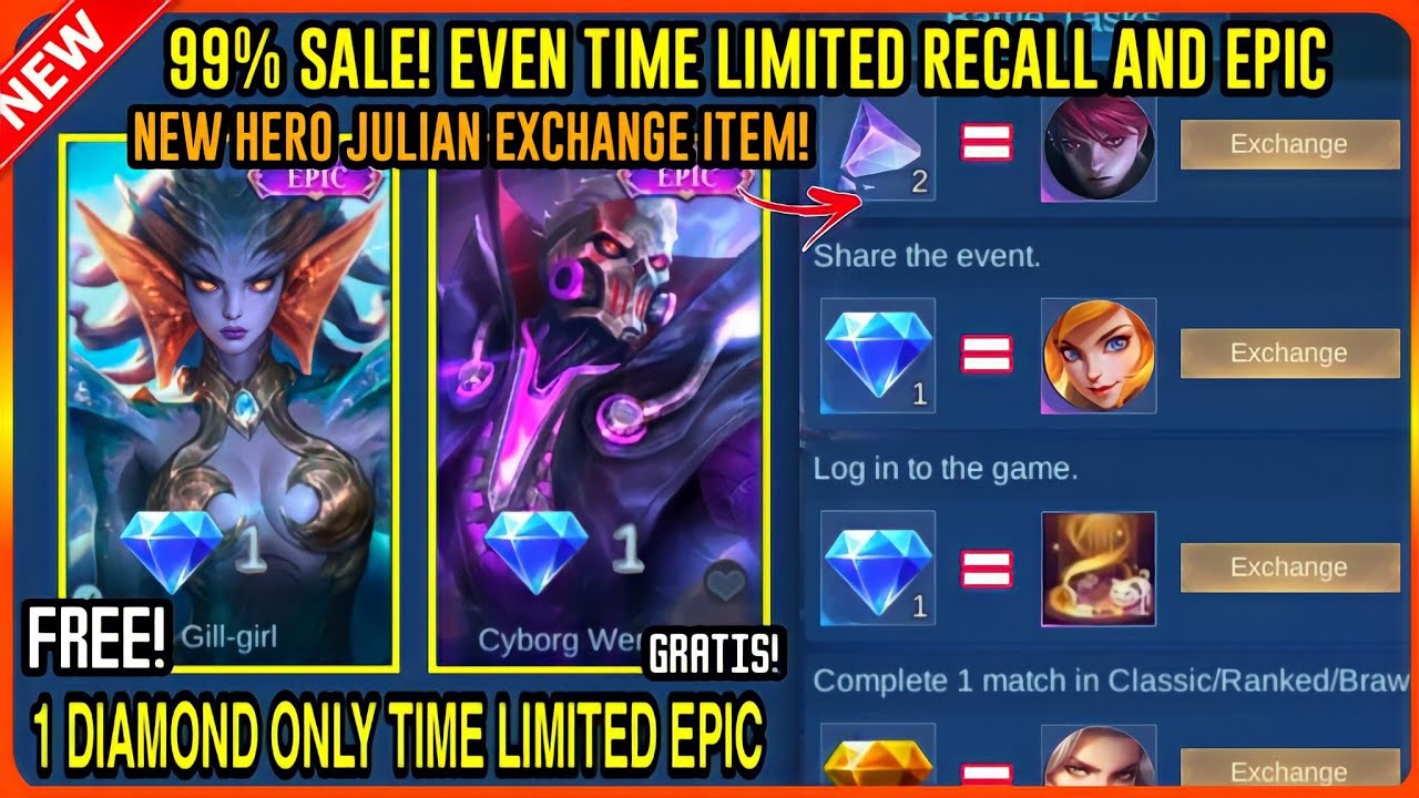 BIG EXCHANGE! BUY 1 DIAMOND ONLY TIME LIMITED EPIC SKIN OR ANY | FREE NEW HERO JULIAN EXCHANGE MLBB
