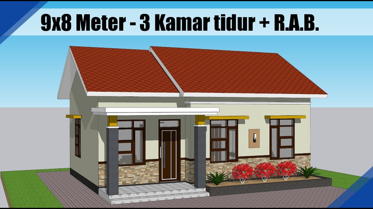 Desain Rumah Minimalis Di Pedesaan 9x8 Meter dengan 3 Kamar tidur
