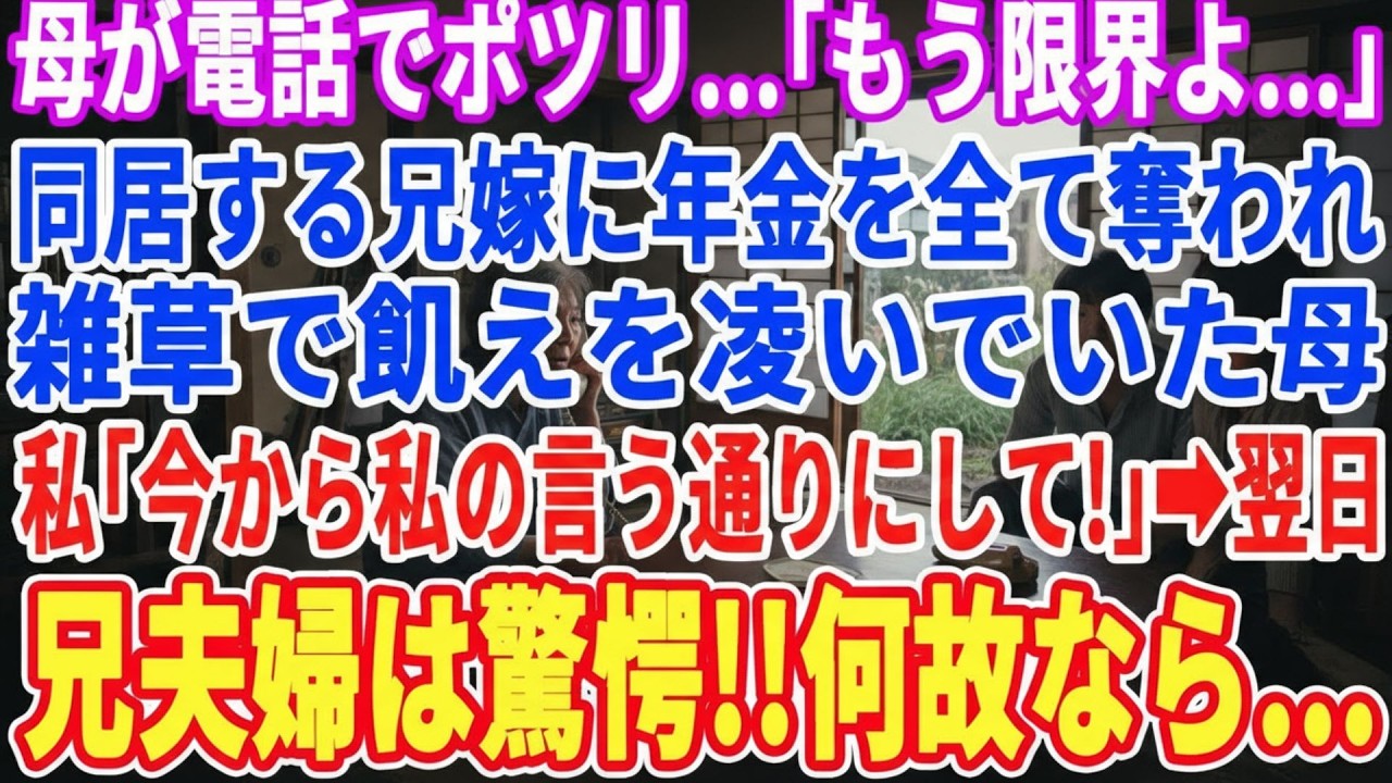 【スカッとする話】母がポツリ「もう無理…」同居する兄嫁に年金を奪われ1日1食の菓子パンのみ→私「今から私の言う通りにしてみて」母「え？」→翌日、兄夫婦は大発狂する事に…w【スッキリ・修羅場・新作】