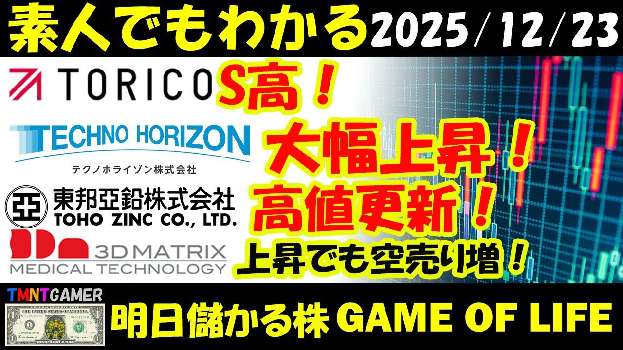 明日のテンバガー株・高配当株】TORICO！S高！AlbaLink！テクノホライゾン！大幅上昇！東邦亜鉛！高値更新！スリー・ディー・マトリックス！上昇でも 空売り比率上昇！【20251223】 - YouTube