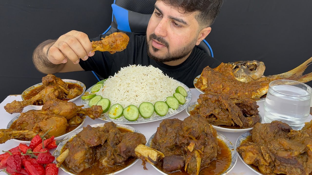 ASMR; Eating Spicy Chicken Legs+Spicy Mutton Nulli Curry+Spicy Fish Curry with Rice+Red Whole Chilli