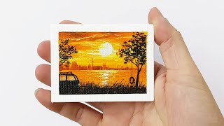 Tiny Art / Sunset Acrylic Painting on Mini Canvas