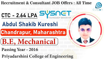 Congrats, Shakib | Selected in "Sysnet Technologies" | 2.64 LPA | MECHANICAL ENGINEER | Chandrapur