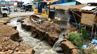 Amazing Landfill Task Using Shantui DH17C3 Dozer Push Stone into Flood Block with Dump Truck