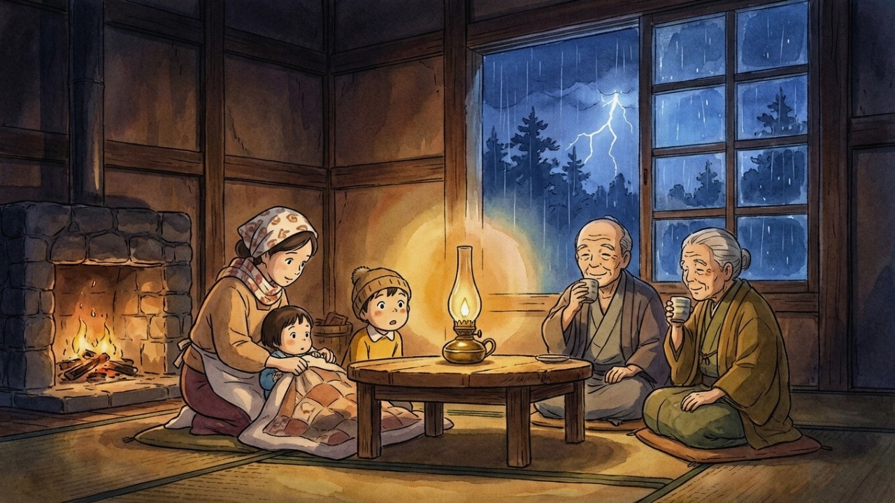 Cozy Rainy Night in a Japanese Cabin (Yaki-imo by the Fireplace, Family Sleep) | Ghibli-Style ASMR
