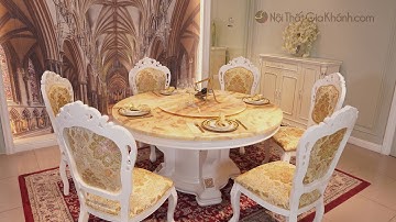Bàn ăn Tân Cổ Điển Mặt Đá Mâm Xoay BA206S-135 | Nội Thất Gia Khánh
