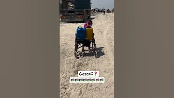 طفل نازح يجر عربه المياه بصعوبه تحت شمس حارقه حافي القدمين فقط ليحاول العيش Gaza غزة 