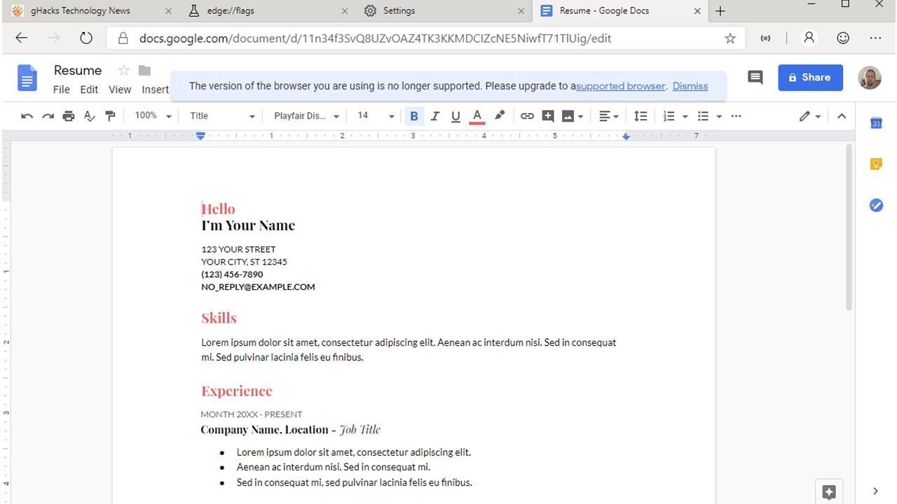 Google Docs displays