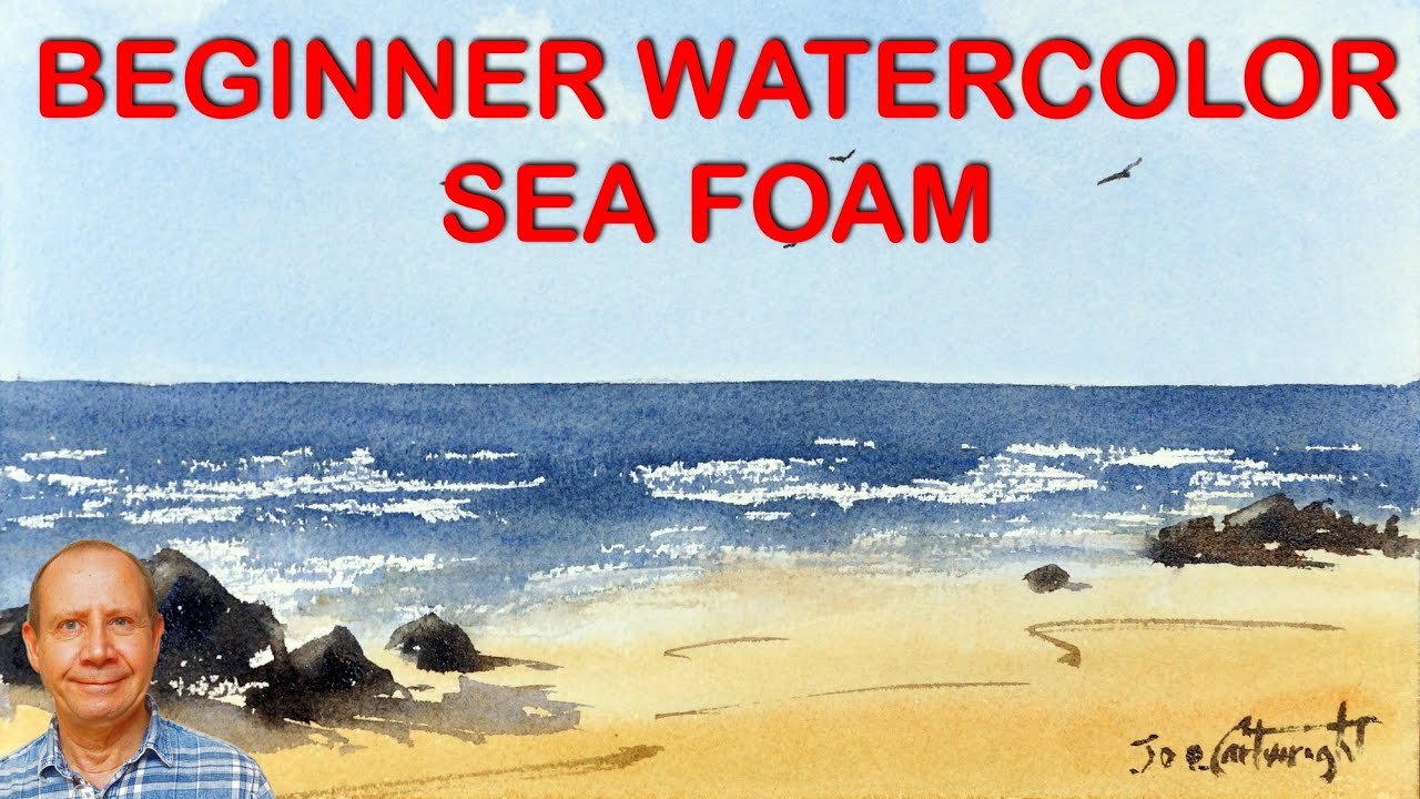 Easy beginner watercolor lesson - white foam on waves and sea painting. Watercolour for new artists