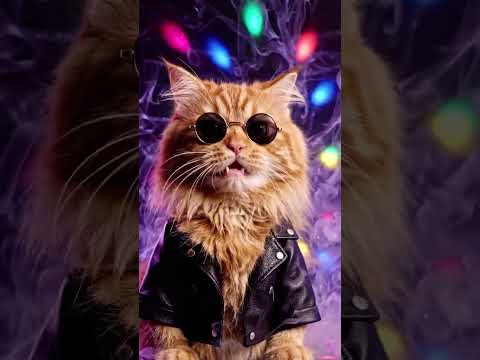 `A cat wearing sunglasses and leather jacket, lip-syncing dramatic