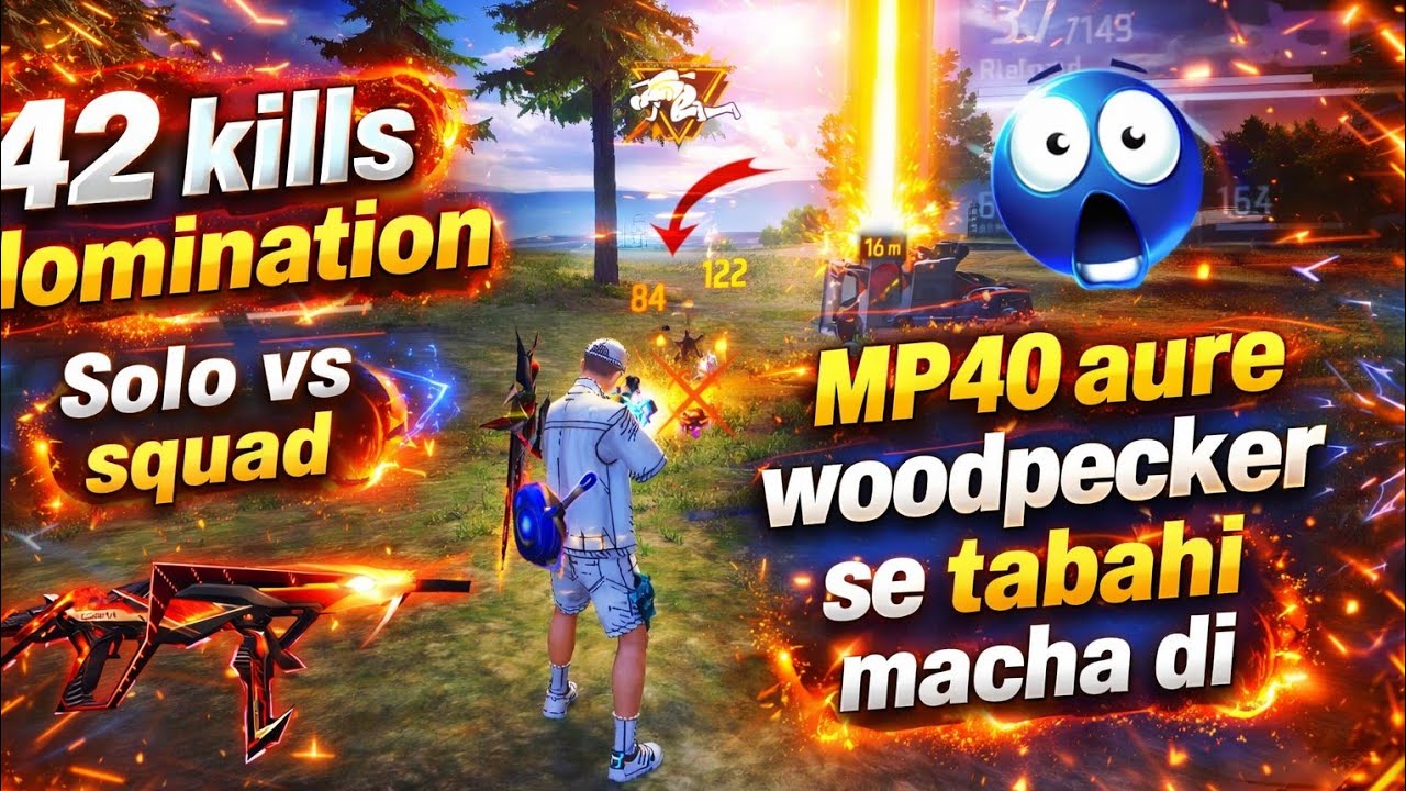 42 Kills Domination 😱 | Solo vs Squad | MP40 Aure & Woodpecker se Tabahi | Free Fire Gameplay
