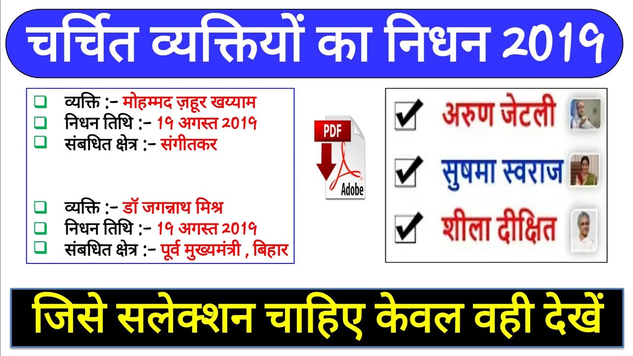Death of important persons in 2019 | चर्चित व्यक्तियों का निधन 2019 | Current affairs 2020 | GK MCQ Death of important persons in 2019 | चर्चित व्यक्तियों का निधन 2019 | Current affairs 2020 | GK MCQ