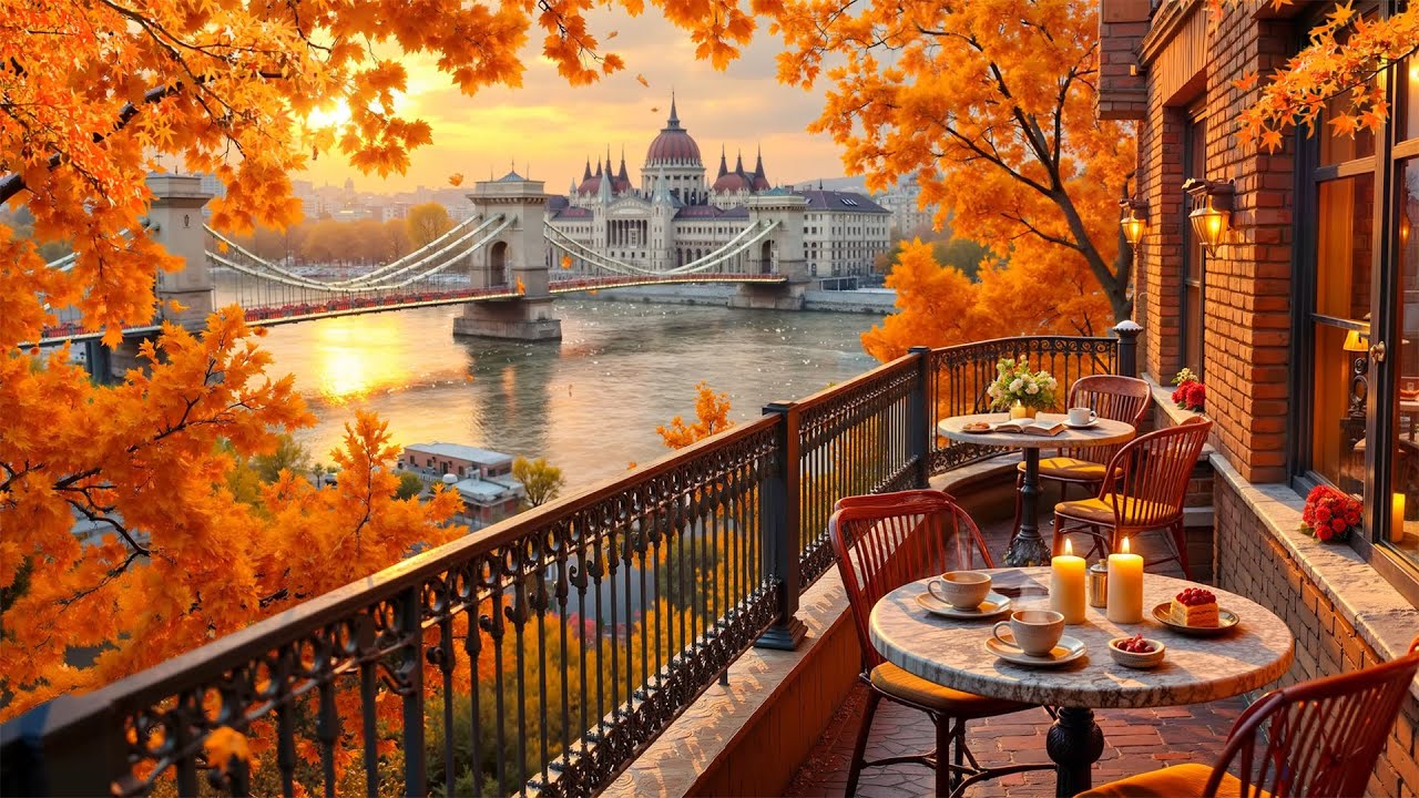 Cozy Café in Budapest | Autumn Sunset by the Danube River | Calm Jazz & Candlelight Ambience