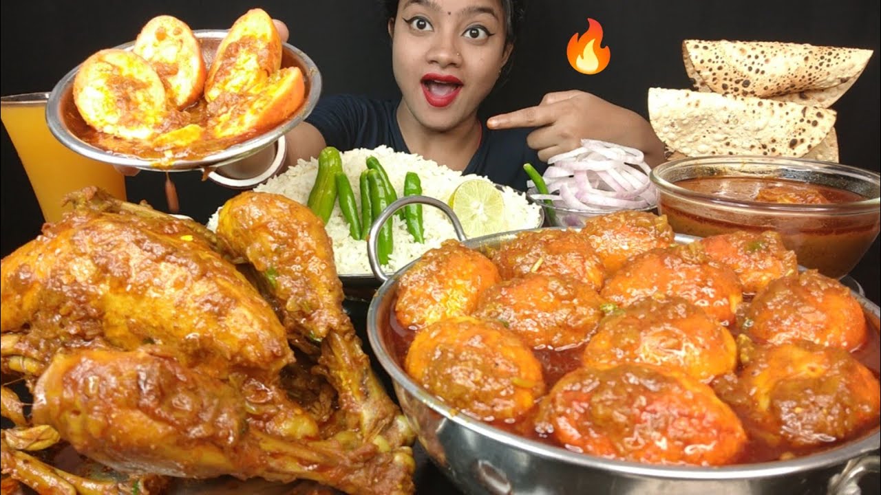 SPICY 🔥 WHOLE CHICKEN CURRY, DESI STYLE EGG CURRY WITH RICE 🤤 FOOD EATING VIDEOS 🌶️ BIG BITES 😋