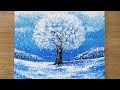 Snowy Tree Acrylic Painting / Cotton Balls Painting Technique #487
