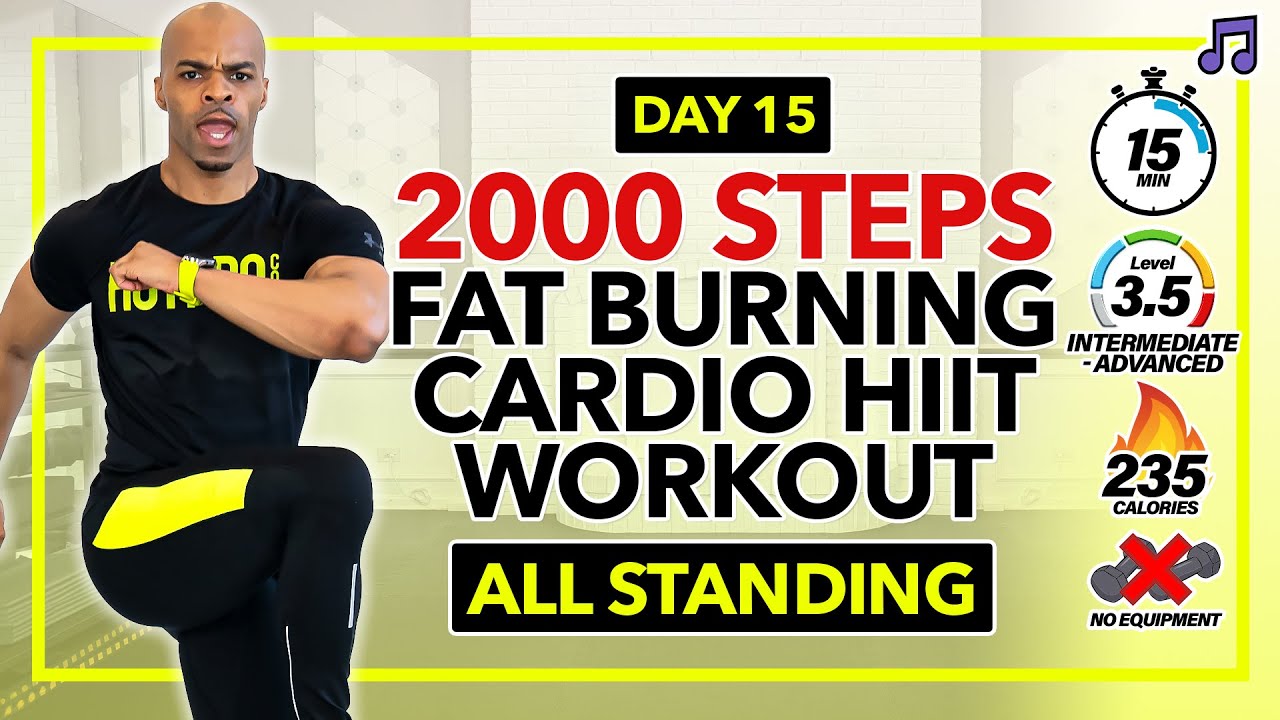 15-минутная кардио-тренировка стоя для сжигания жира | Кардио 2000 шагов - День 15
