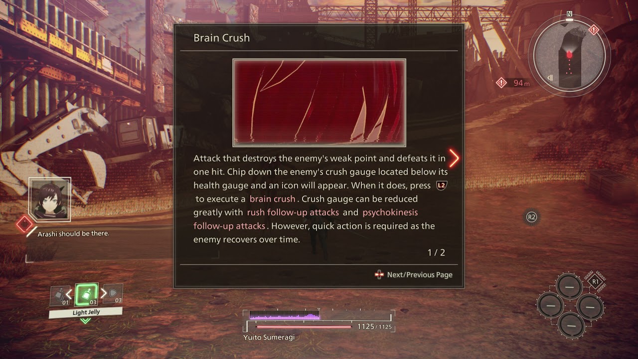 Scarlet Nexus - Phase 1: Brain Crush Tutorial Gameplay Message on Buddy Rummy Enemy Playstation 5