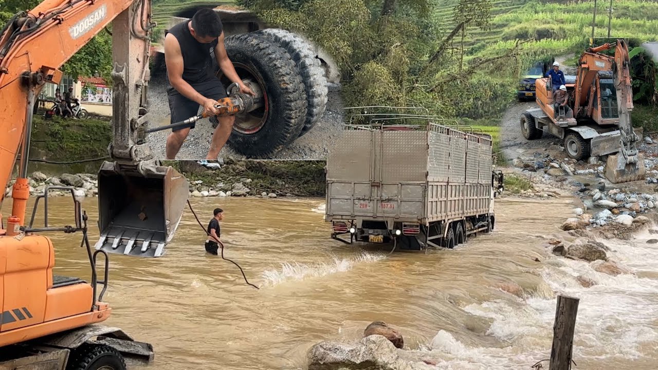 rescue repair excavator tire dike pull car through flood water