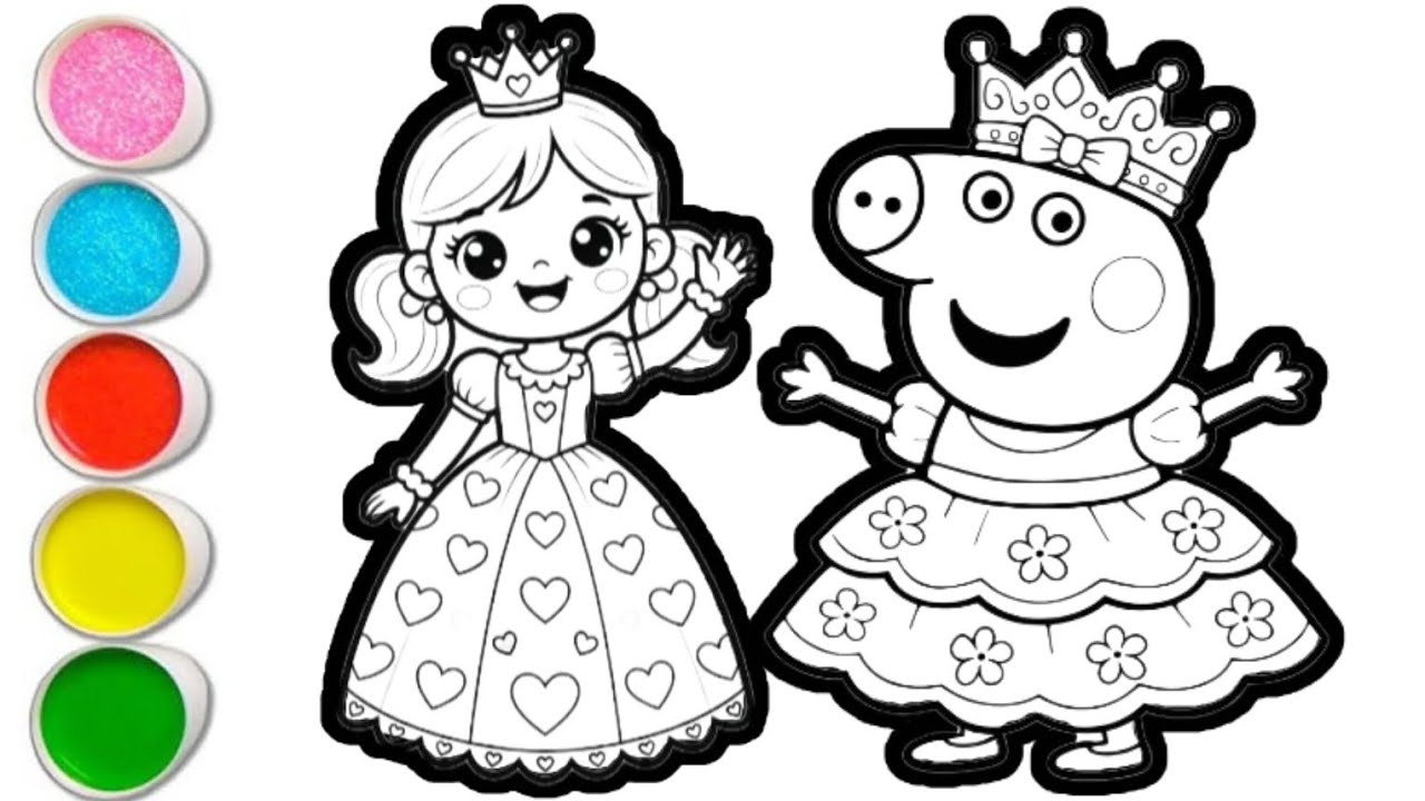 Drawing Princess Papi Peppa pig with princess drawing and coloring for kids and toddlers ...