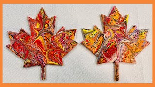 (1426) Fall Puddle Swipe and Swirl Technique / Wooden Maple Leaf / Acrylic Paint Pouring / Fluid Art