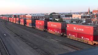 UP #8024 & CSX ES40DC's #5446 5207 depart Laramie, with K Line stack train for Sherman Hill 7/19/14