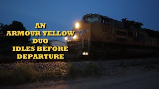 S02E249 An Armour Yellow Duo Idles Before Departure (Union Pacific, SD70ACe, AC45CCTE, Diesel Idling