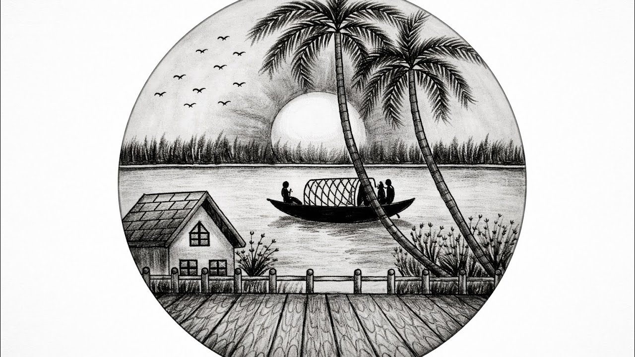 Peaceful Riverside Sunset Drawing