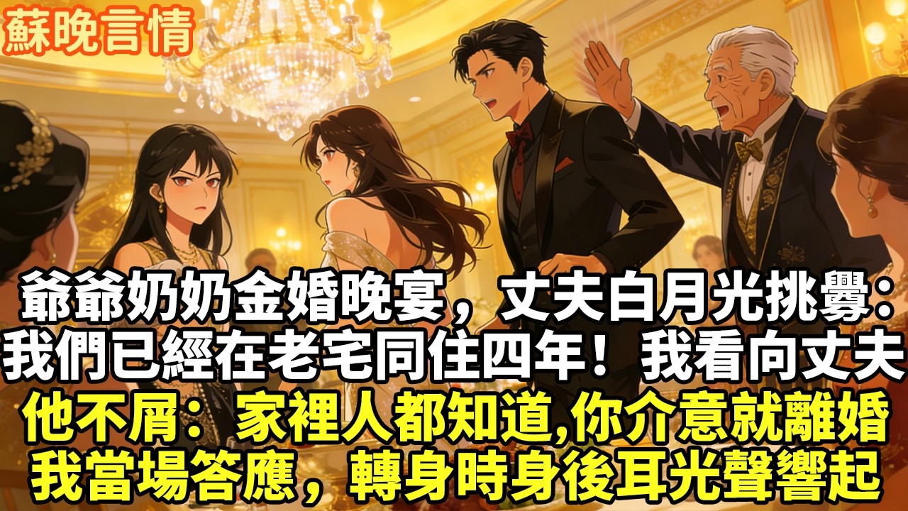 爺爺奶奶金婚晚宴，丈夫白月光挑釁： 我們已經在老宅同住四年！我看向丈夫 他不屑：家裡人都知道,你介意就離婚 我當場答應，轉身時身後耳光聲響起#豪門言情#為人處世#大女主#情感