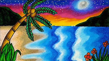 Drawing Sunset at Beach Step by Step with Oil Pastel - How to Draw Easy Scenery