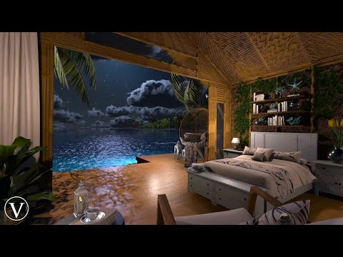 Beach Hut Bedroom | Night Ambience | Ocean Waves & Tropical Nature Sounds