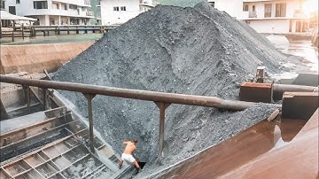 Barge unloading 3300 tons of large ore - Video, relaxing flow - Vlog of work on barge