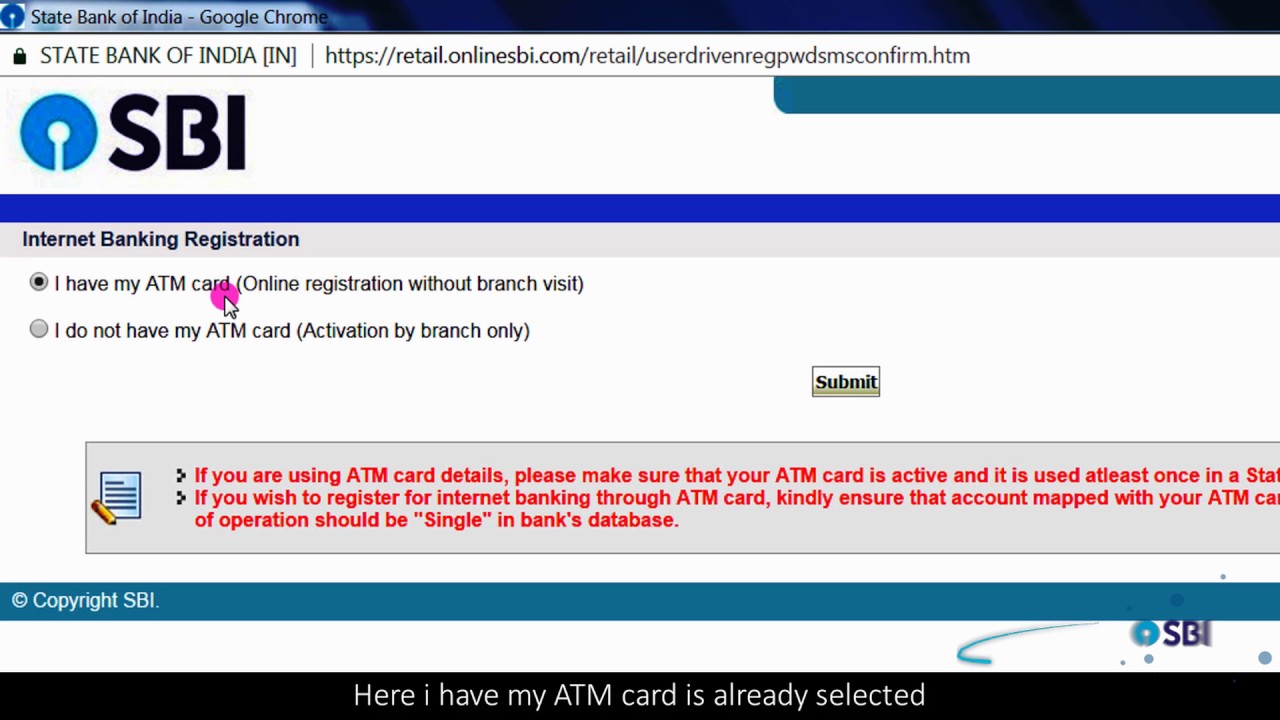 sbi net banking registration online using debit card