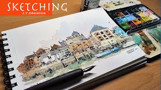 Easy Watercolor and Dip Pen Drawing Techniques for Beginners | Street Scenes, Buildings Sketch