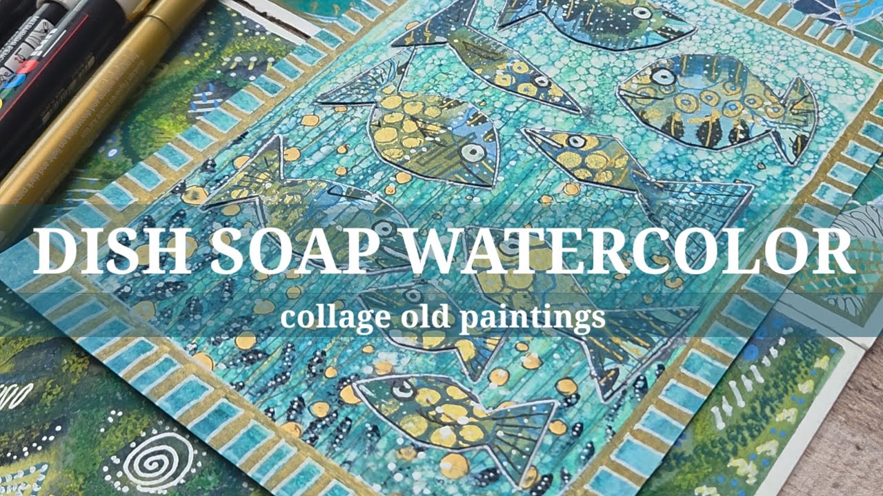 COLLAGE and DISH SOAP, a MIXED MEDIA DOODLE over a BUBBLE ABSTRACT WATERCOLOR