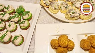 3 закуски на праздничный стол. Салат в тарталетках, паштет из скумбрии на хлебе, сырные шарики 3 закуски на праздничный стол. Салат в тарталетках, паштет из скумбрии на хлебе, сырные шарики