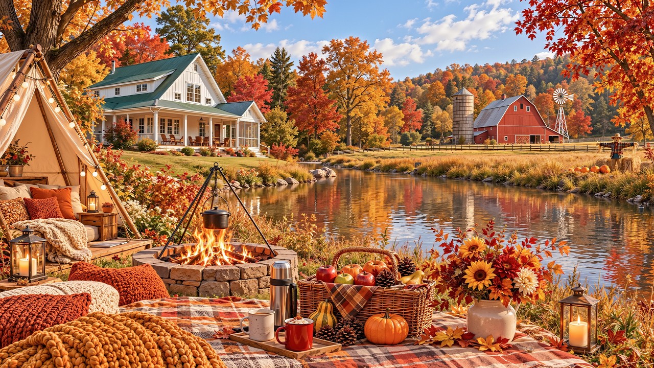 Relaxing Fall Lakeside Campfire Jazz 🍂 Chill Jazz & Classic Farmhouse For Stress Relief